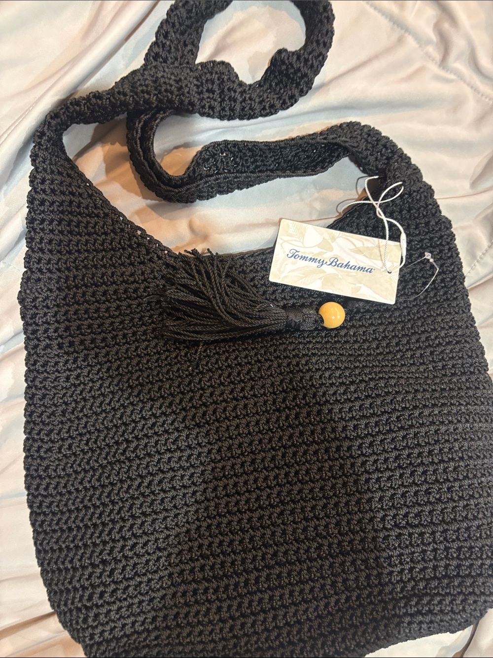 Tommy Bahama Black Crochet Shoulder Bag with Tassel